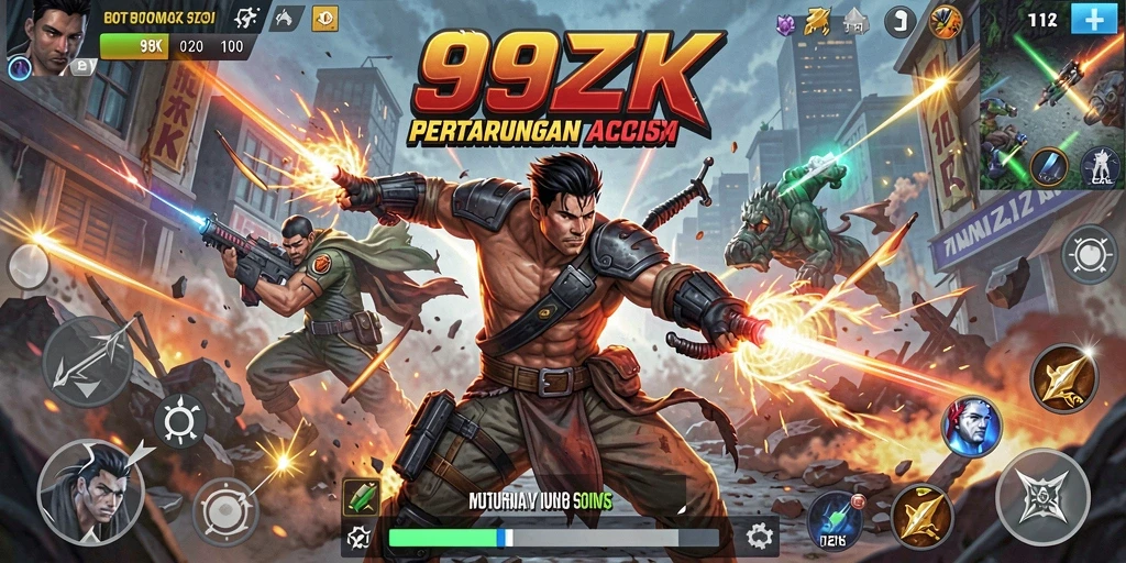 Screenshot gameplay 99ZK menampilkan aksi intens dan karakter yang unik.
