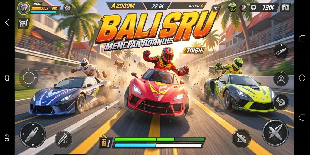 Tampilan gameplay menegangkan dari A200M dengan mobil balap beraksi cepat.