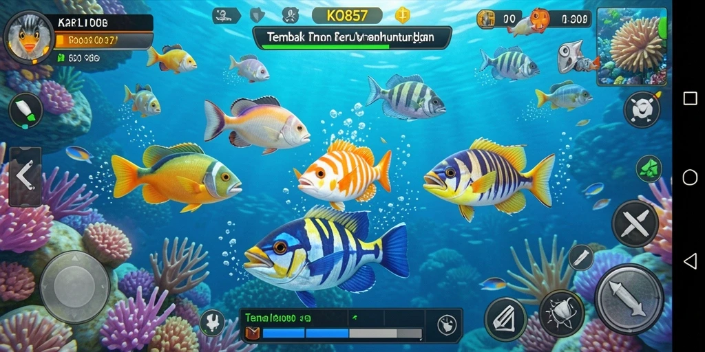 Screenshot utama KO857 menampilkan suasana seru saat menembak ikan.