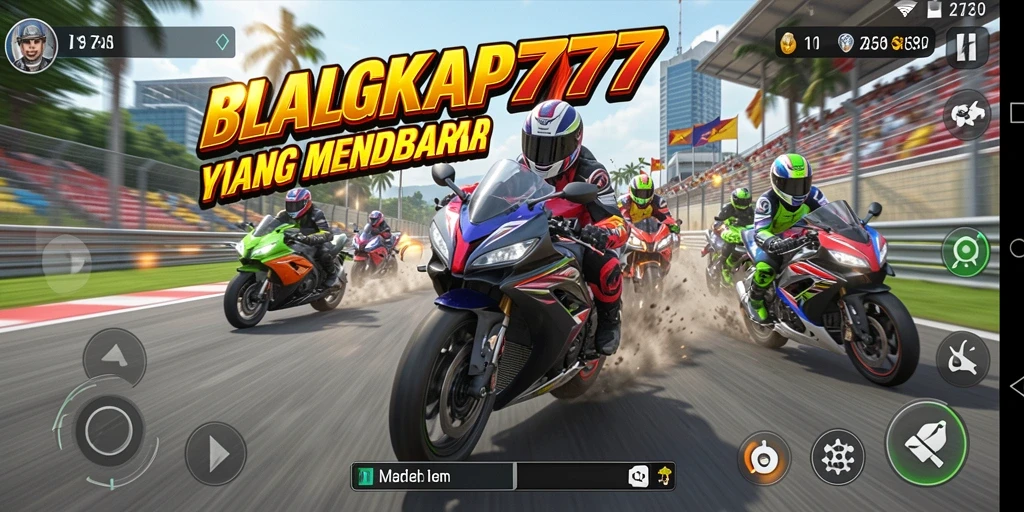 Screenshot gameplay <strong>LENGKAP777</strong> menunjukkan aksi balapan motor yang mendebarkan.