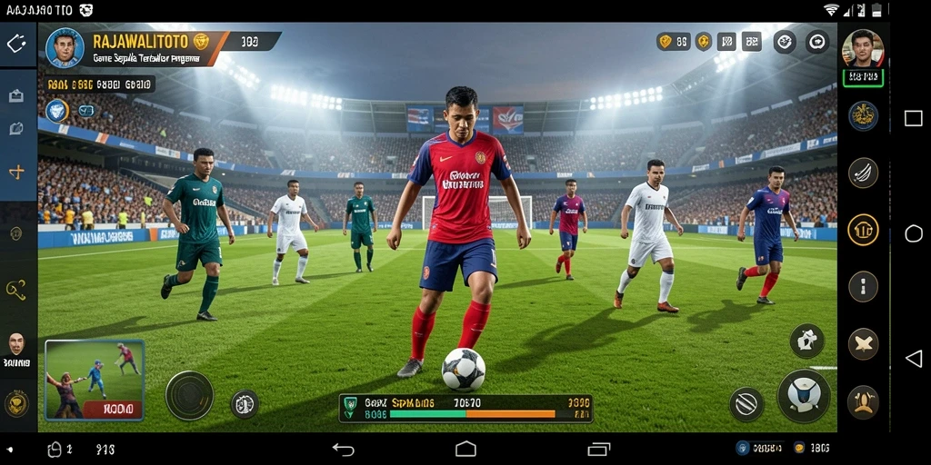 Tangkapan layar gameplay RAJAWALITOTO menampilkan aksi seru di lapangan sepak bola.