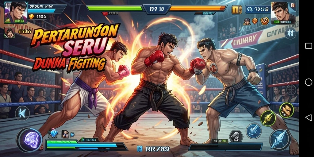 Tampilan gameplay RR789 dengan pertarungan penuh aksi dan karakter beragam.
